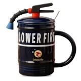 Cumpara ieftin Cana cu capac din ceramica si lingurita Pufo Stop Fire pentru cafea sau ceai, 400 ml, albastru