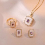 Set bijuterii vintage rectangulare, placate cu aur de 18 K, cu cristale de zirconiu violet, sidef si strasuri, Alama