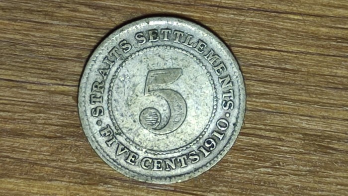 Straits Settlements -moneda rara an unic batere- 5 cents 1910 argint -Edward VII