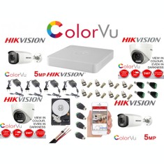 Kit supraveghere profesional mixt Hikvision Color Vu 4 camere 5MP IR40m si IR20m DVR 4 canale full accesorii si HDD 1TB SafetyGuard Surveillance