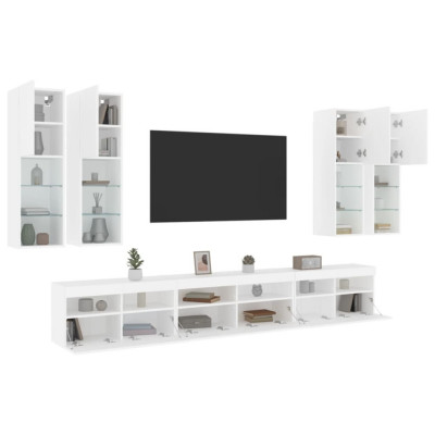 Set comode TV de perete, 7 piese, cu lumini LED, alb GartenMobel Dekor foto