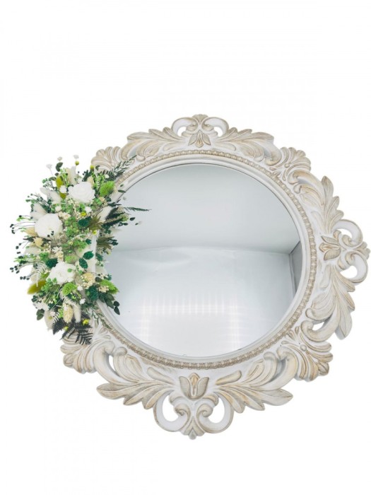 Oglinda decorativa cu rama , decorata cu flori criogenate si plante stabilizate