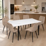 Set masa living Lineo FDT1, blat ceramica, structura metalica, 140x80x75 cm, alb maro si 6 scaune Gloria FDC20, tapiterie catifea, 90 kg, bej