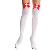 Ciorapi cu Fundite Sexy Nurse, Alb/Rosu, S foto
