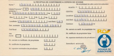 1992 Romania - Certificat proprietate, recipisa cu vigneta DOVADA DE SUBSCRIERE foto