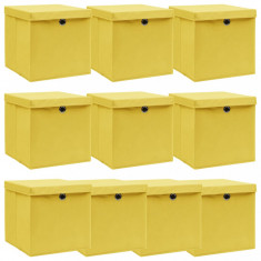 Cutii depozitare cu capac, 10 buc., galben, 32x32x32 cm, textil foto