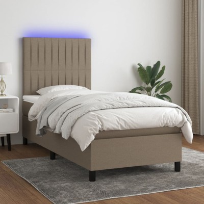 vidaXL Pat cu arcuri, saltea și LED, gri taupe, 90x190 cm, textil 3135001 foto
