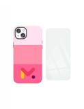 Husa de protectie roz cu armatura pe margini pentru Iphone 14 Pro, piele ecologica si folie de protectie 9H, grosime 0.3 mm