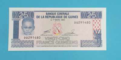 Guineea 25 Francs 1985 &amp;#039;Stema din 1984&amp;#039; UNC serie: DU291480 foto