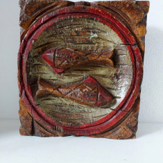 ** Sculptura in bloc de lemn, zodiac - pesti, arta nordica, 22x24x5cm