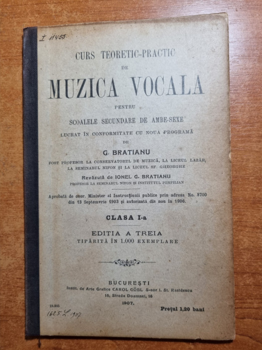 1907-curs teoretic-practic de muzica vocala - clasa 1-a secundara-tiraj 1000 buc