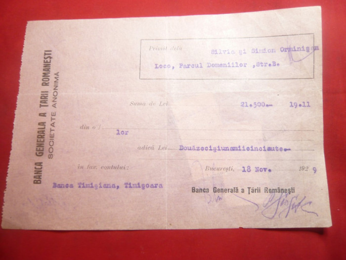 Chitanta cu Antetul Bancii Generale a Tarii Romanesti cu 2 Timbre Fiscale 1929