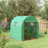 Outsunny Sera Tip Tunel Din Polietilena Cu Usi Si Ferestre Din Plasa, Cort Pentru Casa Cu Capac Din PE Rezistent UV Si Cadru De Otel, Verde 1,8x1,8x2m