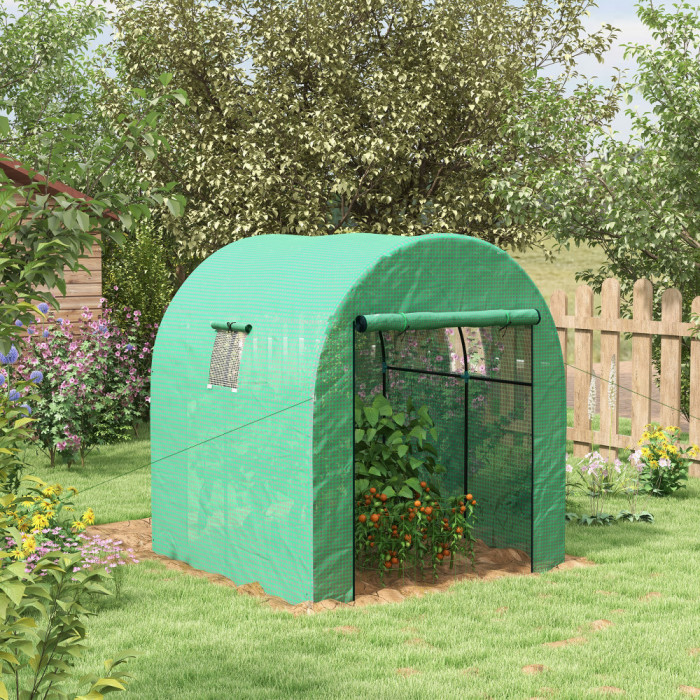 Outsunny Sera Tip Tunel Din Polietilena Cu Usi Si Ferestre Din Plasa, Cort Pentru Casa Cu Capac Din PE Rezistent UV Si Cadru De Otel, Verde 1,8x1,8x2m