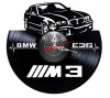 Ceas de perete decorativ realizat din disc de vinil, Model BMW E36 M3 Coupe, Linie Puls si Sigla, Text M3 BMW, Negru Premium, 30 cm