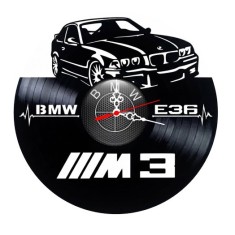 Ceas de perete decorativ realizat din disc de vinil, Model BMW E36 M3 Coupe, Linie Puls si Sigla, Text M3 BMW, Negru Premium, 30 cm