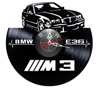 Ceas de perete decorativ realizat din disc de vinil, Model BMW E36 M3 Coupe, Linie Puls si Sigla, Text M3 BMW, Negru Premium, 30 cm foto