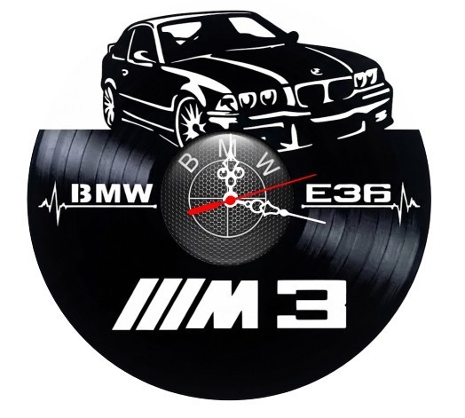 Ceas de perete decorativ realizat din disc de vinil, Model BMW E36 M3 Coupe, Linie Puls si Sigla, Text M3 BMW, Negru Premium, 30 cm
