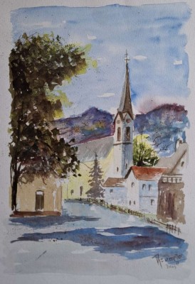 Peisaj cu biserică, acuarelă semnată şi datată (2004) foto