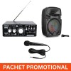 Pachet Audio Karaoke: Statie Amplificare 30W, Boxa Portabila 24W, Microfon. Bluetooth, USB, FM, AUX, LED