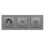 Priza tripla Leziter Nova cu impamantare, UTP RJ45 si TV coaxial - Alb, 16A, 250V, IP20