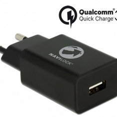 Incarcator priza cu 1 x USB Qualcomm Quick/Fast Charge 3.0 (incarcare rapida) Negru, Navilock 62968