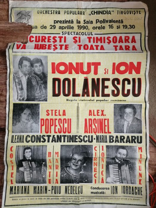 AFIS SPECTACOL 1990 ION DOLANESCU ,STELA SI ARSINEL ,COSTEL HANTU .MARIA CARNECI