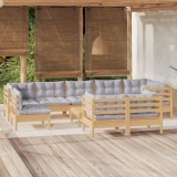 Cumpara ieftin Set mobilier grădină cu perne, 10 piese, gri, lemn masiv pin