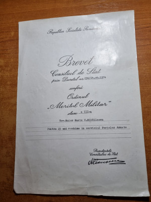 brevet-ordinul meritul militar clasa 3-a -anul 1970 -semnatura nicolae ceausescu foto