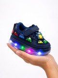 Pantofi sport cu lumini LED, Model Masinute, piele ecologica si textil, Baieti,