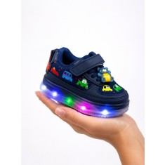 Pantofi sport cu lumini LED, Model Masinute, piele ecologica si textil, Baieti,