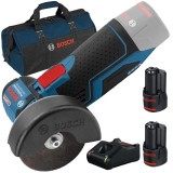 Bosch GWS 12V-76 + 1600A019R8 + 1619BZ0100 - Polizor unghiular 76 mm + Set 2 acumulatori si incarcator Li-Ion 12 V 2 Ah + Geanta textila
