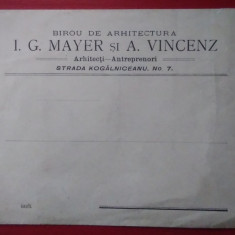 Plic antet BIROU DE ARHITECTURĂ I. G. MAYER ȘI A. VICENZ - anii 1930