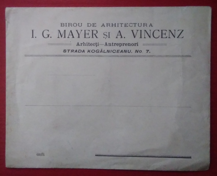 Plic antet BIROU DE ARHITECTURĂ I. G. MAYER ȘI A. VICENZ - anii 1930