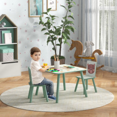 ZONEKIZ Set masa si scaun 3 piese pentru copii MDF lemn de pin desene animale verde distractie copii indemanare confortabil pentru copii model cu dese
