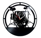 Ceas de Perete Decorativ &ldquo;Drummer Rhythm&rdquo;, din Disc Vinil Reciclat, Design Tobe și Baterist, Negru, Mecanism Silențios (Sweep), 30 cm(personalizabil)