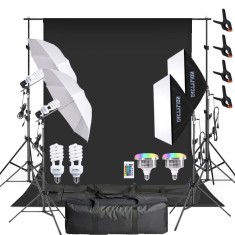 Kit studio foto video cu fundal negru, 2 softboxuri, 2 umbrele, 2 becuri fluorescente 45W 5500K si 2 LED RGB 45W, stative 200 cm si genti transport