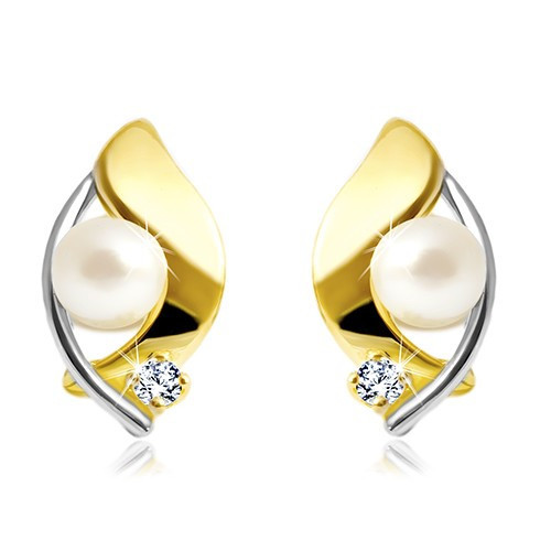 Cercei din aur de 14K, două culori, perlă albă și zirconiu transparent |  Okazii.ro