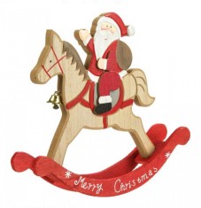Decoratiune din lemn, cal tip balansoar, cu Mos Craciun calare si mesaj Merry