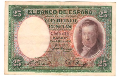 SV * Spania LOT Bancnote 25 + 50 PESETAS 1931 , 25 aprilie -VF foto