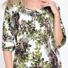 Bluza IE Dama cu Maneca 3 sferturi, model Floral, alb cu verde - L