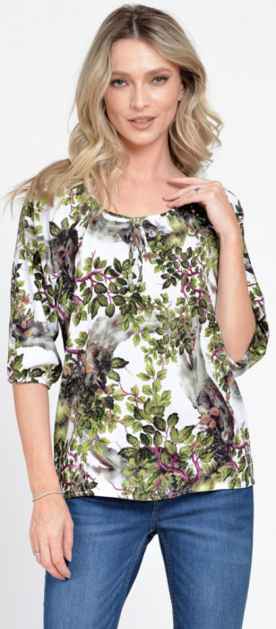 Bluza IE Dama cu Maneca 3 sferturi, model Floral, alb cu verde - XL