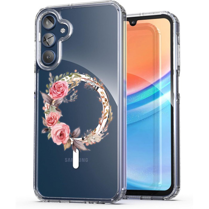 Husa pentru samsung galaxy a15 4g, atasare magnetica, magsafe, pink wreath 7, clear