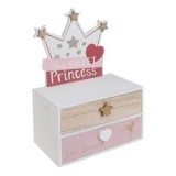 Cutie din lemn decorativa cu 2 sertare, Coroana si sclipici auriu, 18x10x28cm, CMCLASS