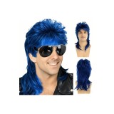 Perucă Mullet pentru bărbați, stil anii 70 și 80, pentru Halloween, cosplay și petreceri tematice, din fibră sintetică, albastră