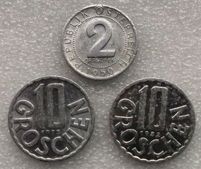 P3. AUSTRIA lot set 2 Groschen 1950 + 10 Groschen 1973 1982 ** foto