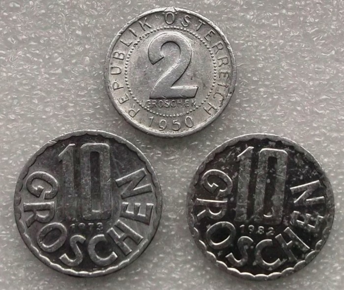 P3. AUSTRIA lot set 2 Groschen 1950 + 10 Groschen 1973 1982 **