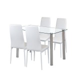 Set Sufragerie Nolen 4+1 Alb Leziter Masa Sticla 120x70cm 4 Scaune Piele Ecologica