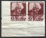 ROMANIA - 1935 CAROL II POSTA - RAR 6 LEI IN PERECHE NEDANTELAT - FARA SARNIERA CU PLIURI INDOITURI
