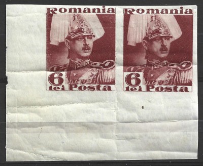 ROMANIA - 1935 CAROL II POSTA - RAR 6 LEI IN PERECHE NEDANTELAT - FARA SARNIERA CU PLIURI INDOITURI foto